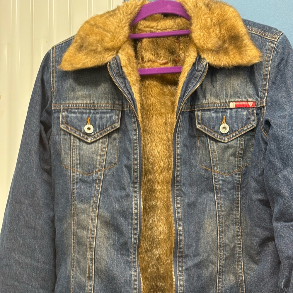 Guess Blue Denim Jacket with Brown Faux Fur